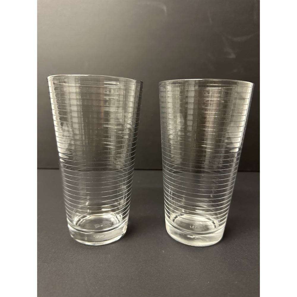 Pasabahce Doro Glasses 6" Tumblers 16 oz Horizontal Lines Ribbed Set Of 2